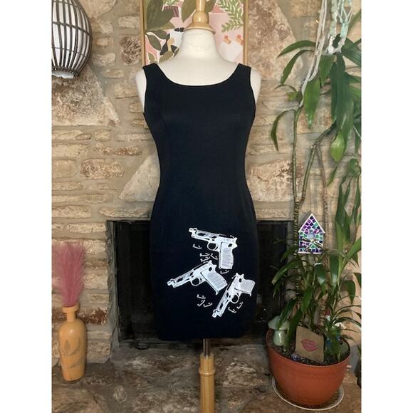 Upcycled 80s Black Tank Dress – Screen Printed White Guns – OOAK - Picture 2 of 8